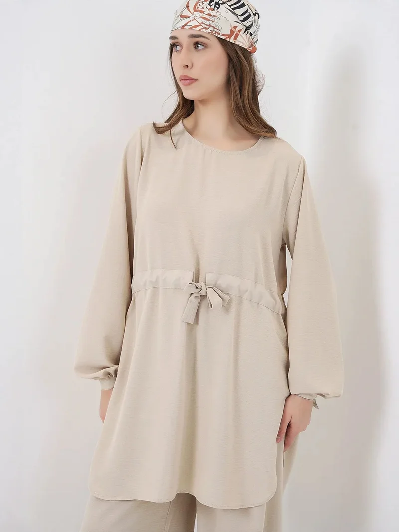 BIG DART BDART Crew Neck Tie Detail Tunic and Wide Leg Pants Set